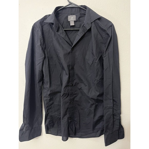 H&M Men's Size Small Slim Fit Dress Shirt Button Up Long Sleeve Black - Picture 1 of 5